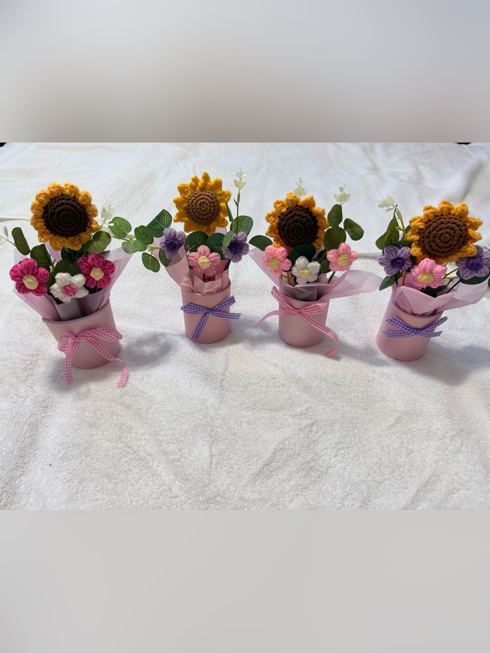 4 Handmade Crochet Sunflower & Daisy Bouquets